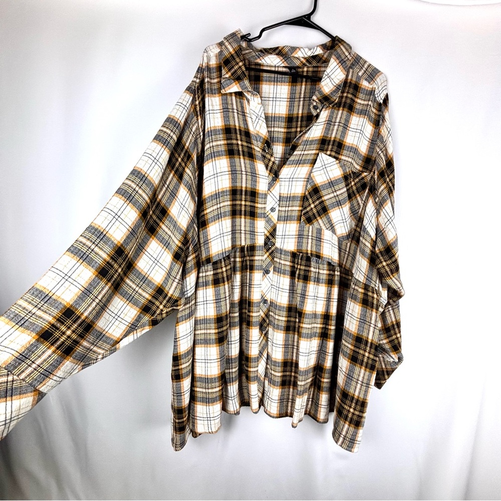 torrid Plaid Button-Down Shirt Jacket - White, Black, Mustard
